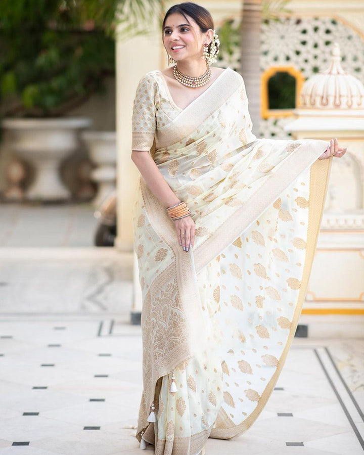 Designer White Color Jacquard Banarasi Silk Saree