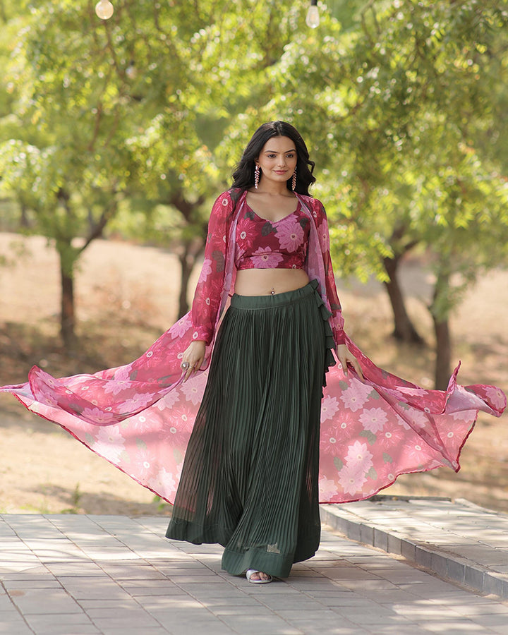 Green Color Faux Georgette Printed Lehenga Choli