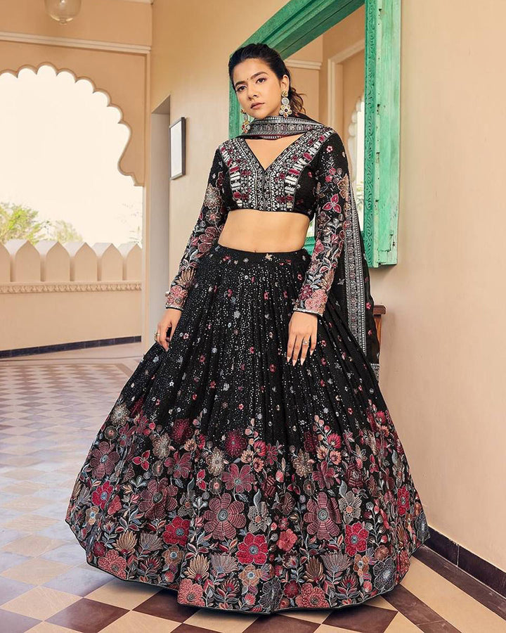 Black Color Georgette Sequence Embroidered Lehenga Choli