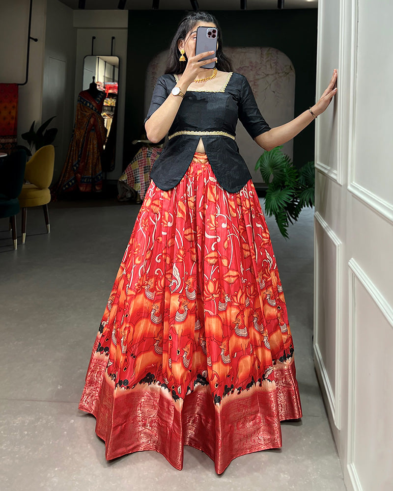 Red And Black Color Dola Silk Digital Printed Lehenga Choli