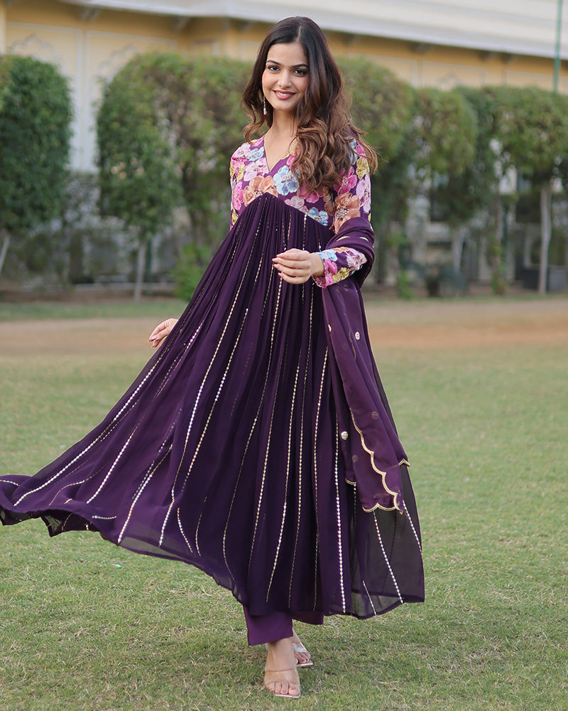 Beautiful Wine Color Alia Cut Three Piece Anarkali Suit