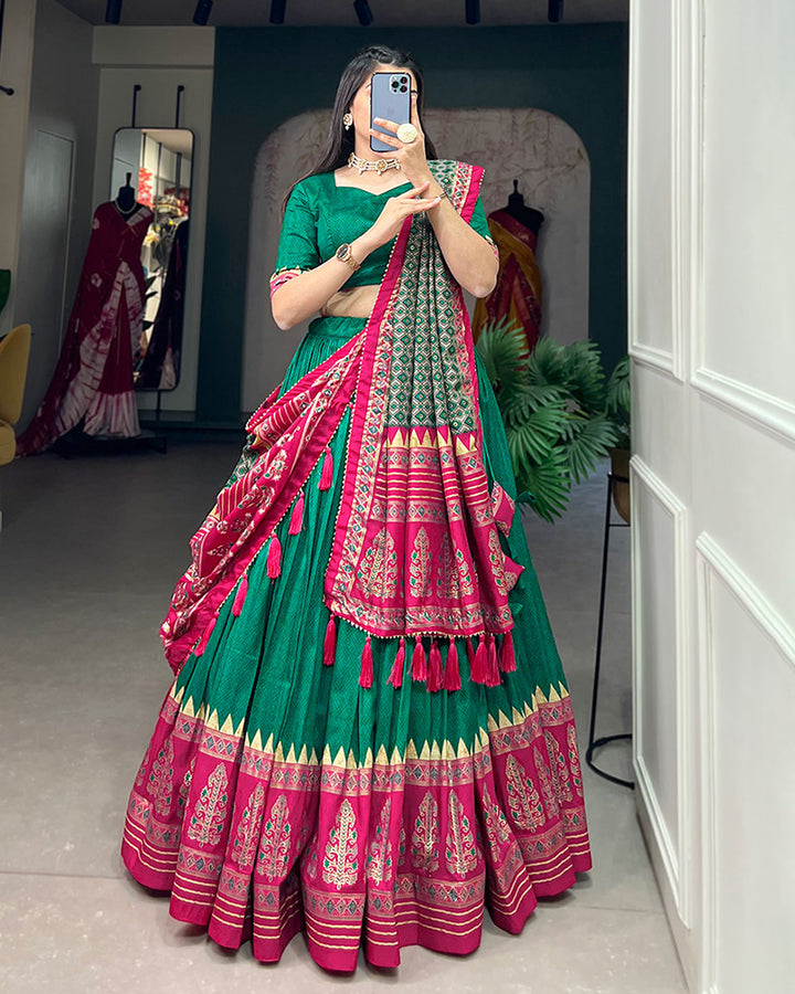 Green Color Tussar Silk Foil Print Designer Semi Stitched Lehenga Choli