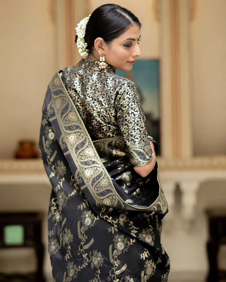 Designer Black Color Jacquard Weaving Banarasi Silk Saree