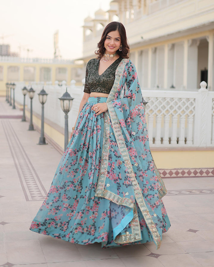 Designer Sky Blue Russian Silk Printed Lehenga Choli