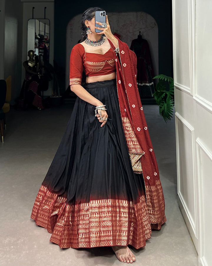 Black Color Chanderi Navratri lehenga Choli With Bandhej Dupatta