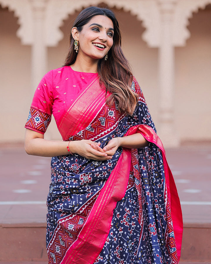 Navy Blue Color Patola Print With Foil Work Dola Silk Saree