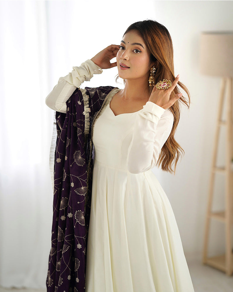 Dark Purple Dupatta With White Color Soft Silk Anarkali