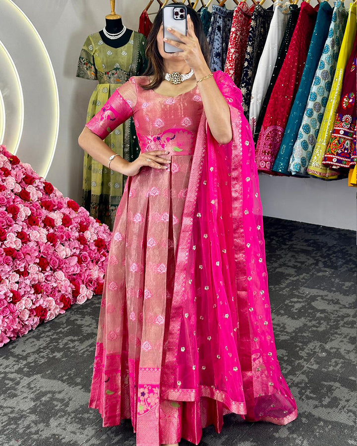 Pink Color Kota Silk Jacquard Gown With Dupatta