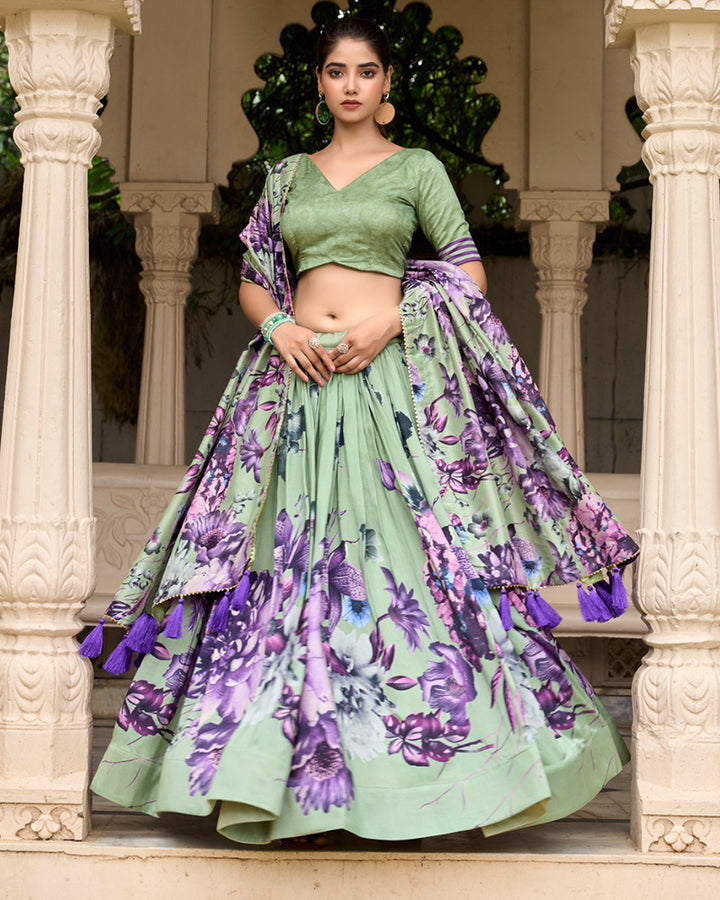 Pista Color Floral Printed Tussar Silk Lehenga Choli