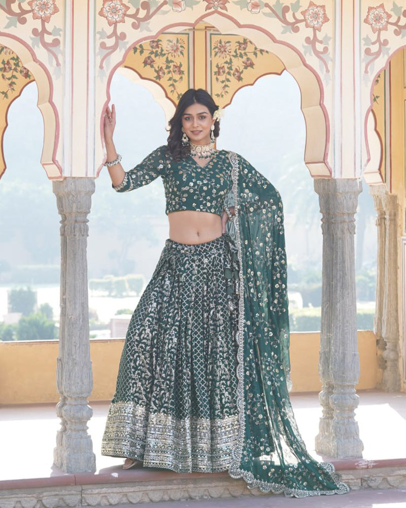 Beautiful Green Color Pure Viscose Jacquard Lehenga Choli