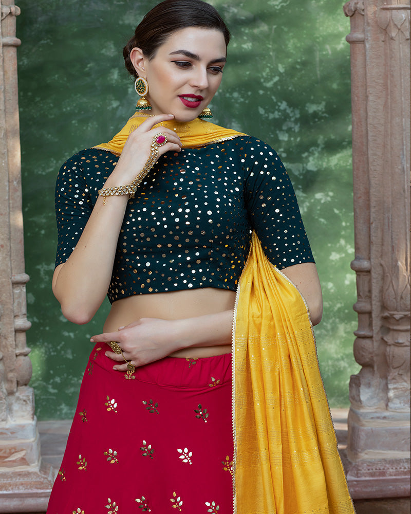 Rani Pink, Yellow, Dark Green Color Designer Georgette Lehenga Choli