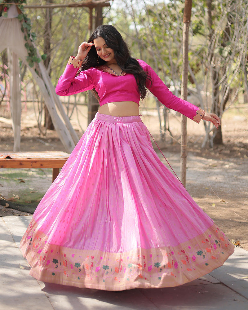 Pink Color Jacquard Crop Top Lehenga Choli