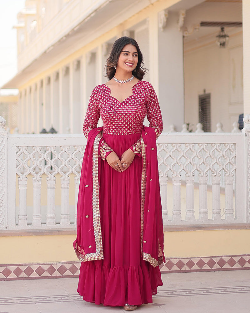 Beautiful Rani Pink Color Blooming Anarkali Gown With Embroidered Dupatta