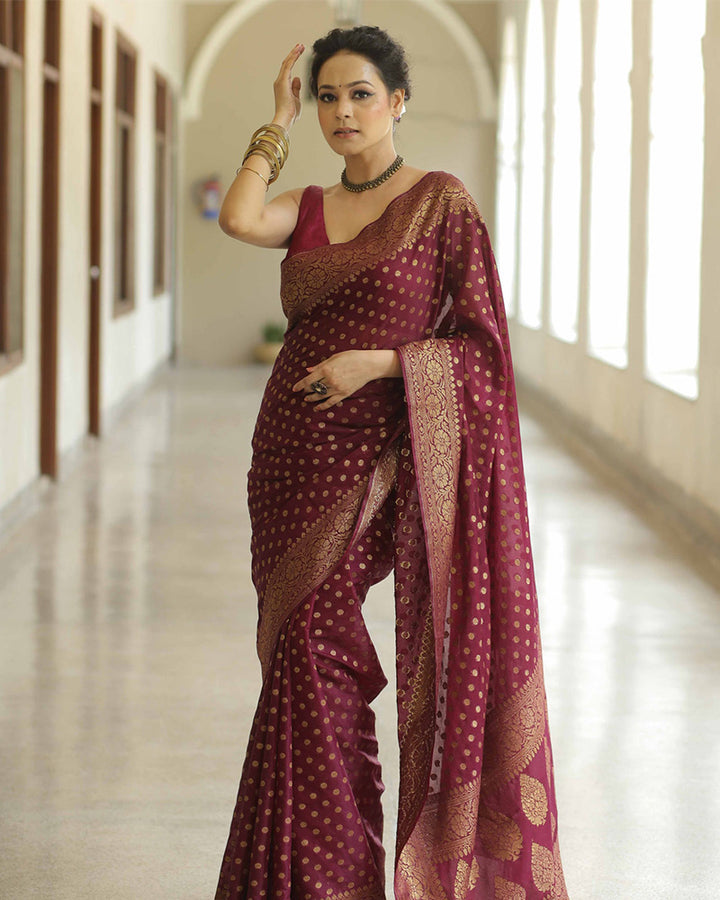 Designer Maroon Color Jacquard Banarasi Silk Saree