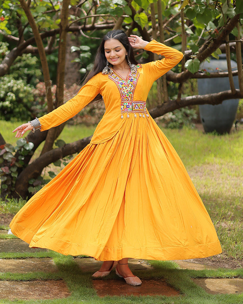 Navratri Special Mustard Color Reyon Designer Koti Style Gown