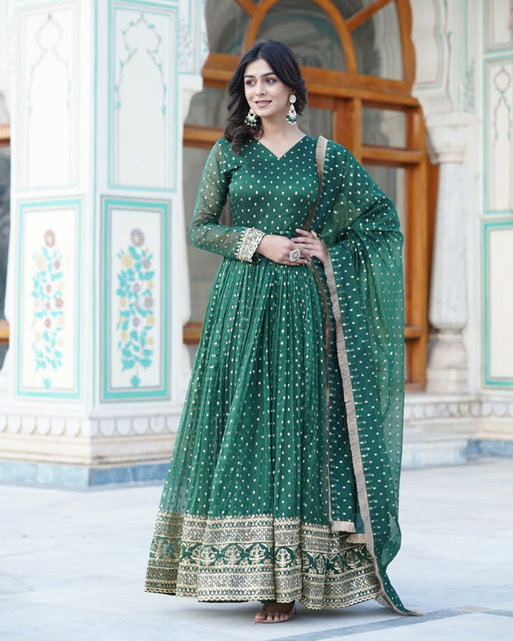 Beautiful Green Color Embroidery Anarkali Gown With Dupatta