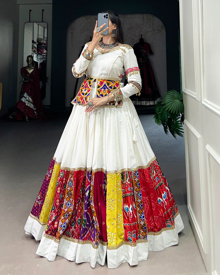 Multi White Color Rayon Gamthi Work Navratri Lehenga Choli