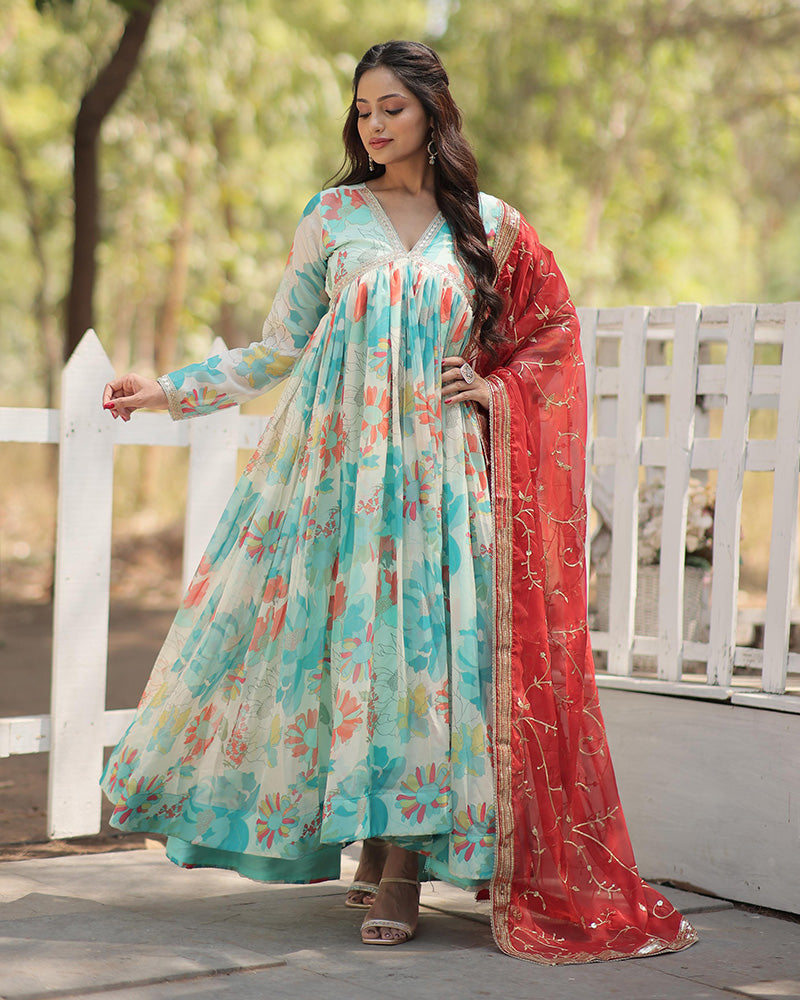 Sky Blue Color Russian Silk Gown With Designer Dupatta