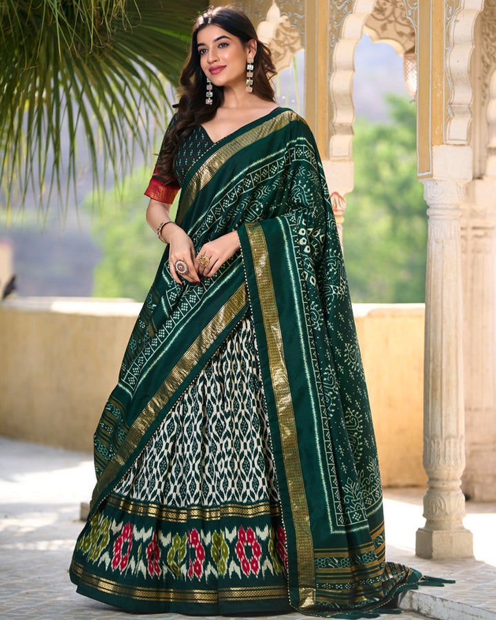 Green Color Tussar Silk Ikkat And Foil Work Lehenga Choli