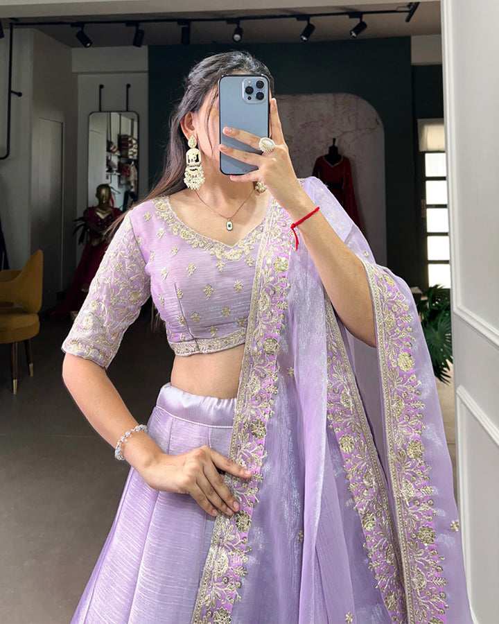 Lavender Color Burberry Silk Embroidered Lehenga Choli