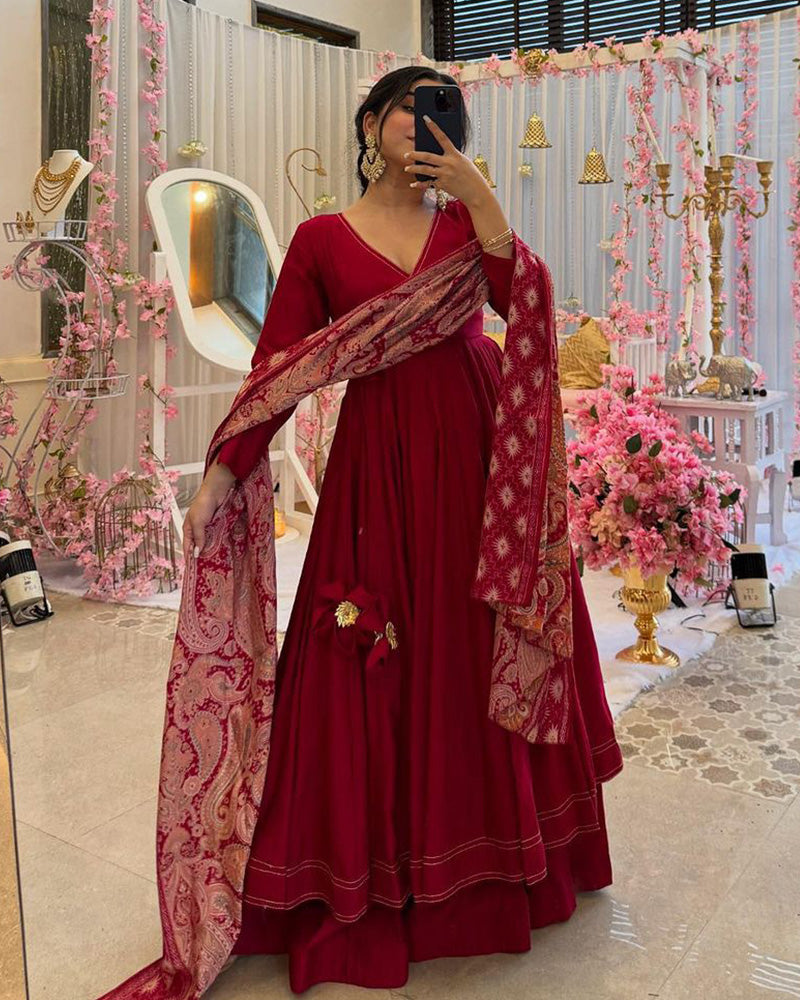 Maroon Color Pure Chinon Anarkali Suit