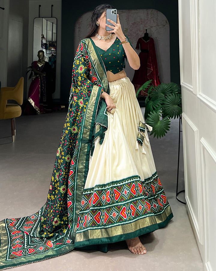 Patola Printed Green Color Tussar Silk Lehenga Choli