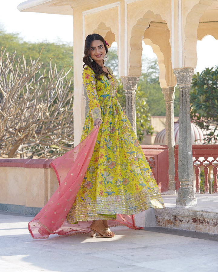 Yellow Color Russian Silk Gown With Designer Dupatta