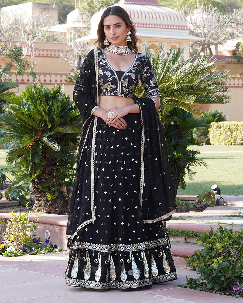 Wedding Wear Black Color Blooming Embroidery Lehenga Choli