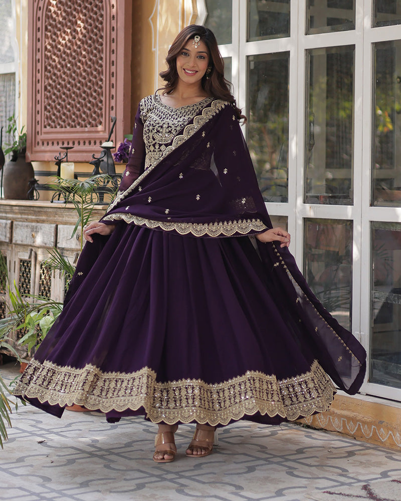 Designer Violet Color Gown With Sequence Embroidered Dupatta