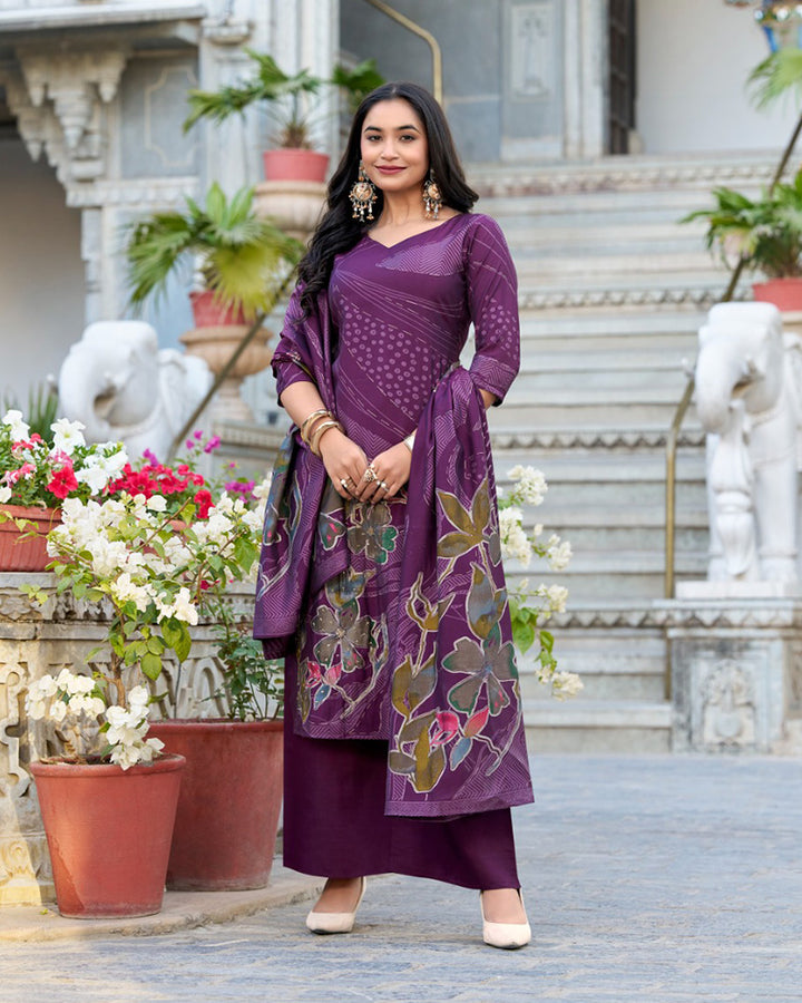 Wine Color Roman Silk Floral Printed Salwar Suit