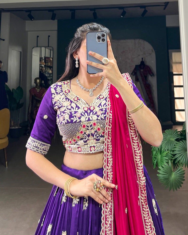 Designer Purple Color Vichitra Silk Embroidered Lehenga Choli