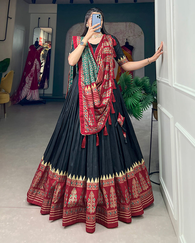 Black Color Tussar Silk Foil Print Designer Semi Stitched Lehenga Choli