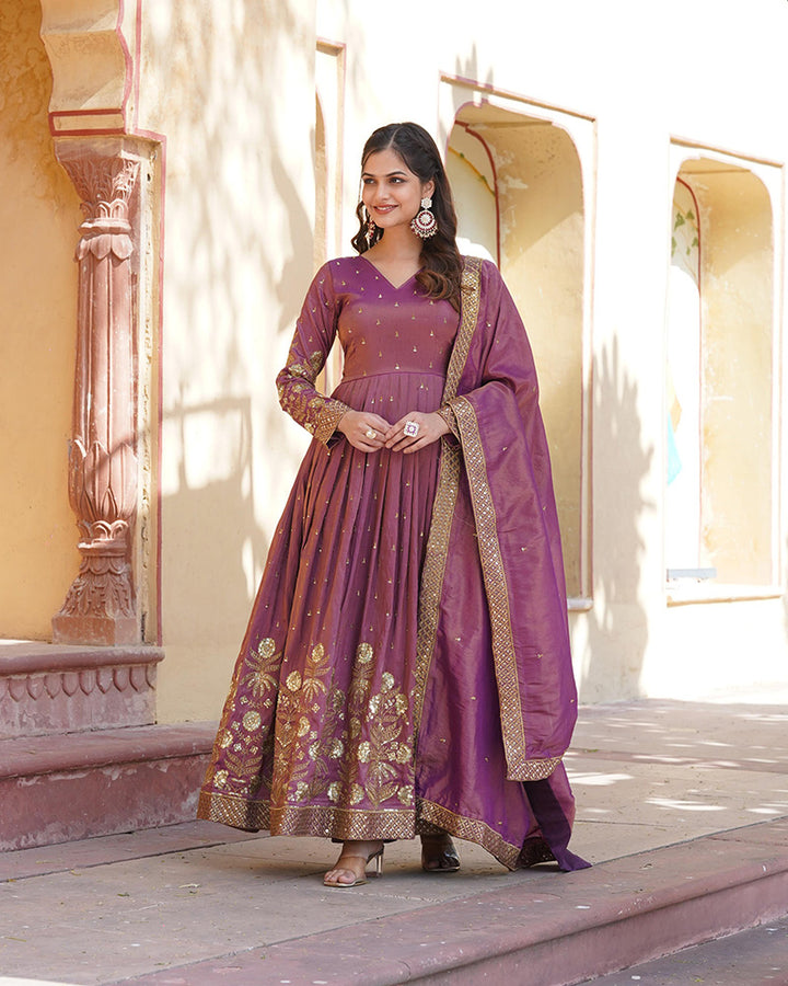 Beautiful Onion Color Viscose Cosmos Gown With Embroidered Dupatta