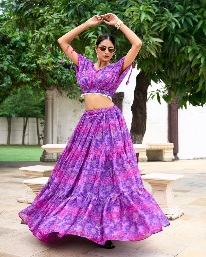 Purple Color Chiffon Floral Printed Lehenga Choli