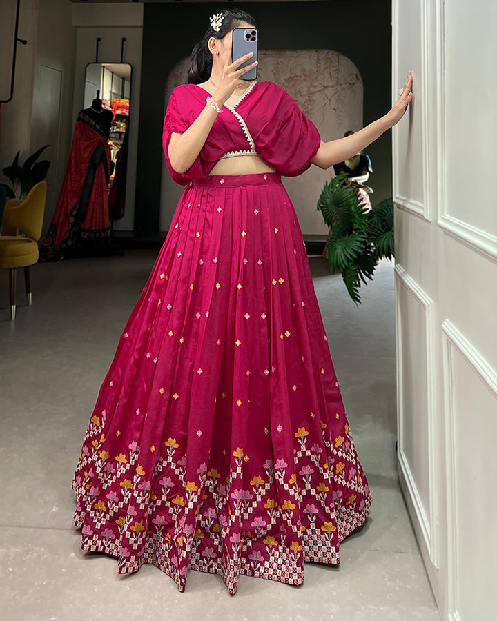 Rani Pink Color Vichitra Silk Fully Stitched Crop Top Lehenga Choli