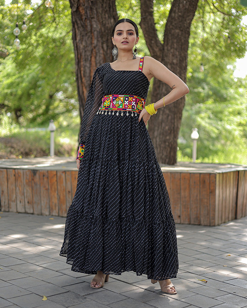 Navratri Special Black Color Georgette Kutchi Patche Work Gown