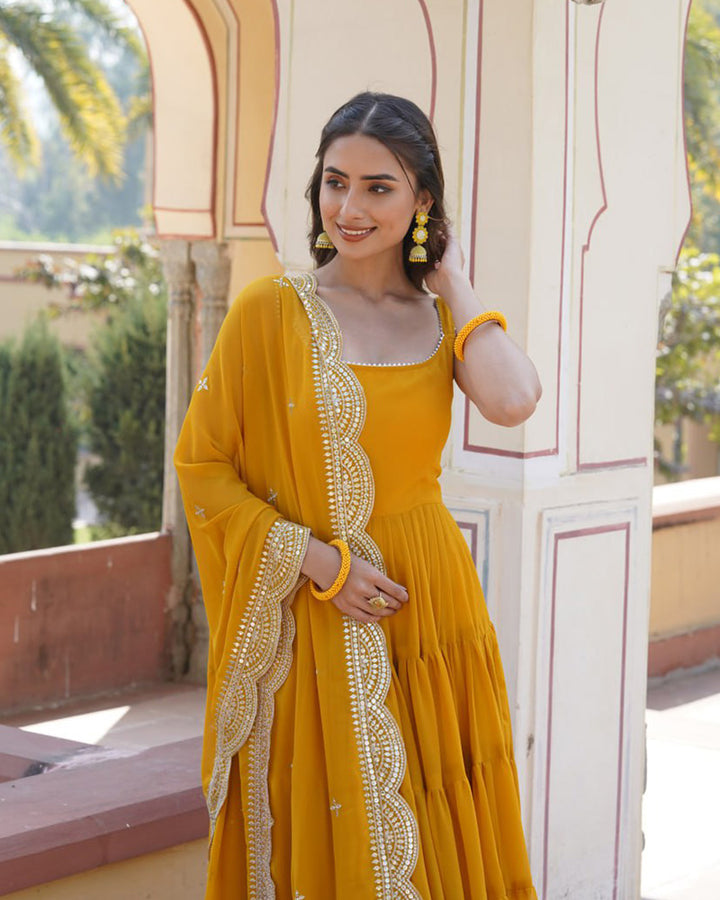 Yellow Color Georgette Frill Gown With Embroidered Dupatta