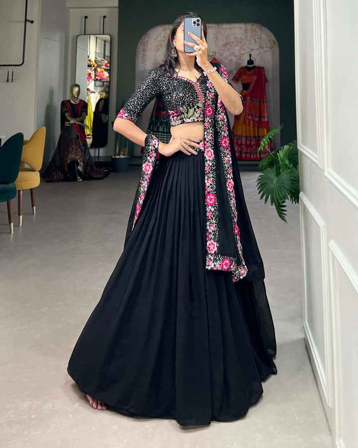 Designer Black Color Georgette Embroidery Lehenga Choli