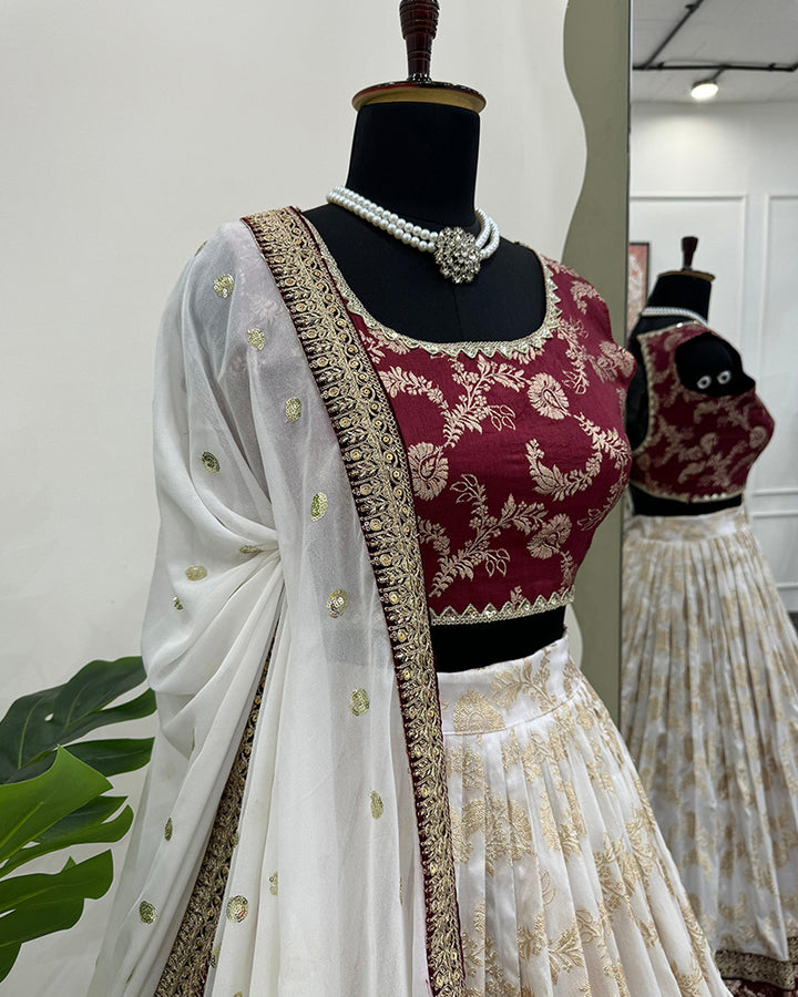 White Color Jacquard Sequence Work Lehenga