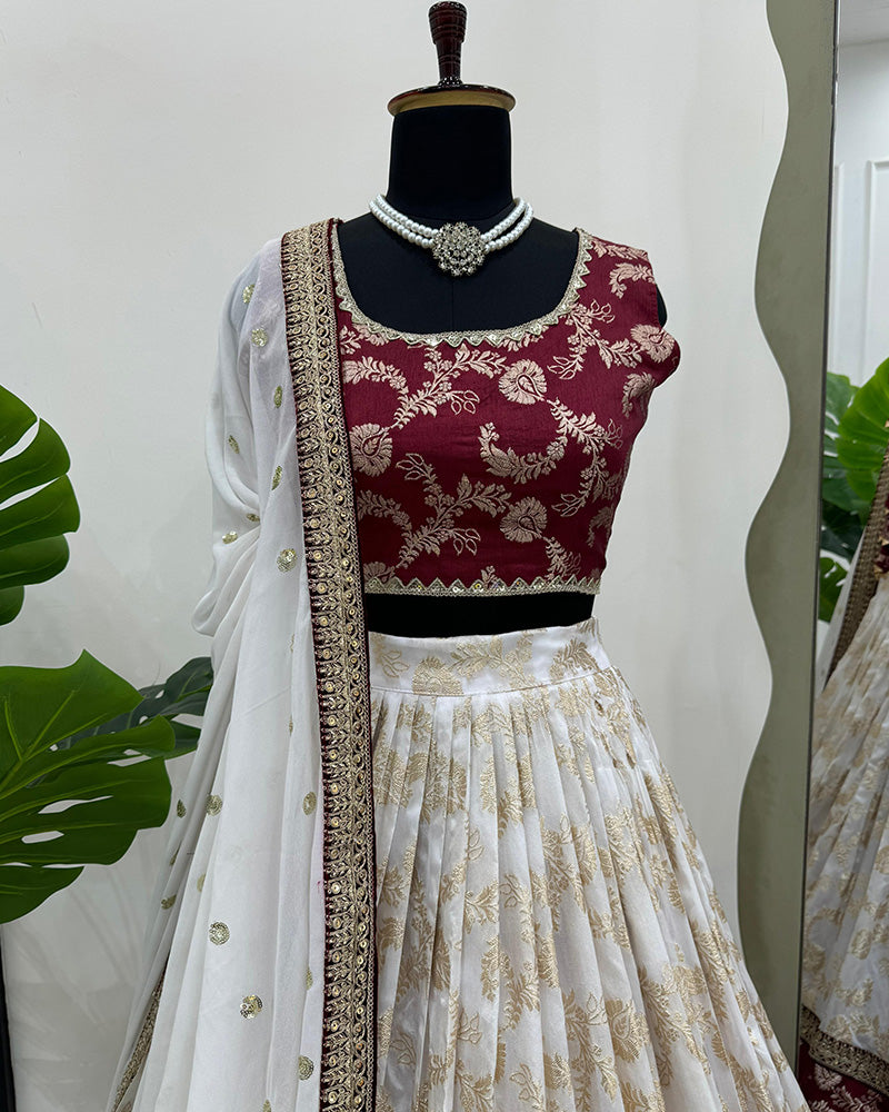 White Color Jacquard Sequence Work Lehenga