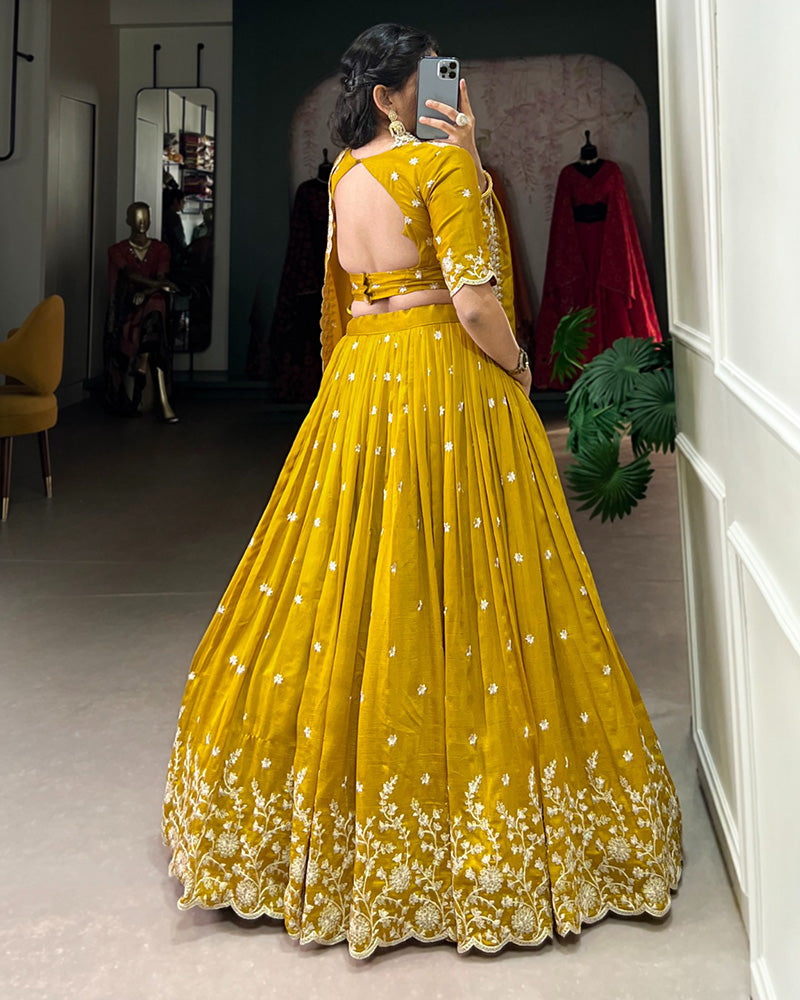 Designer Mustard Color Vichitra Silk Embroidered Lehenga Choli