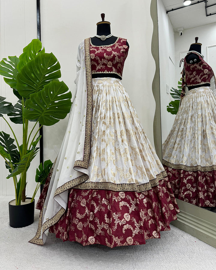 White Color Jacquard Sequence Work Lehenga