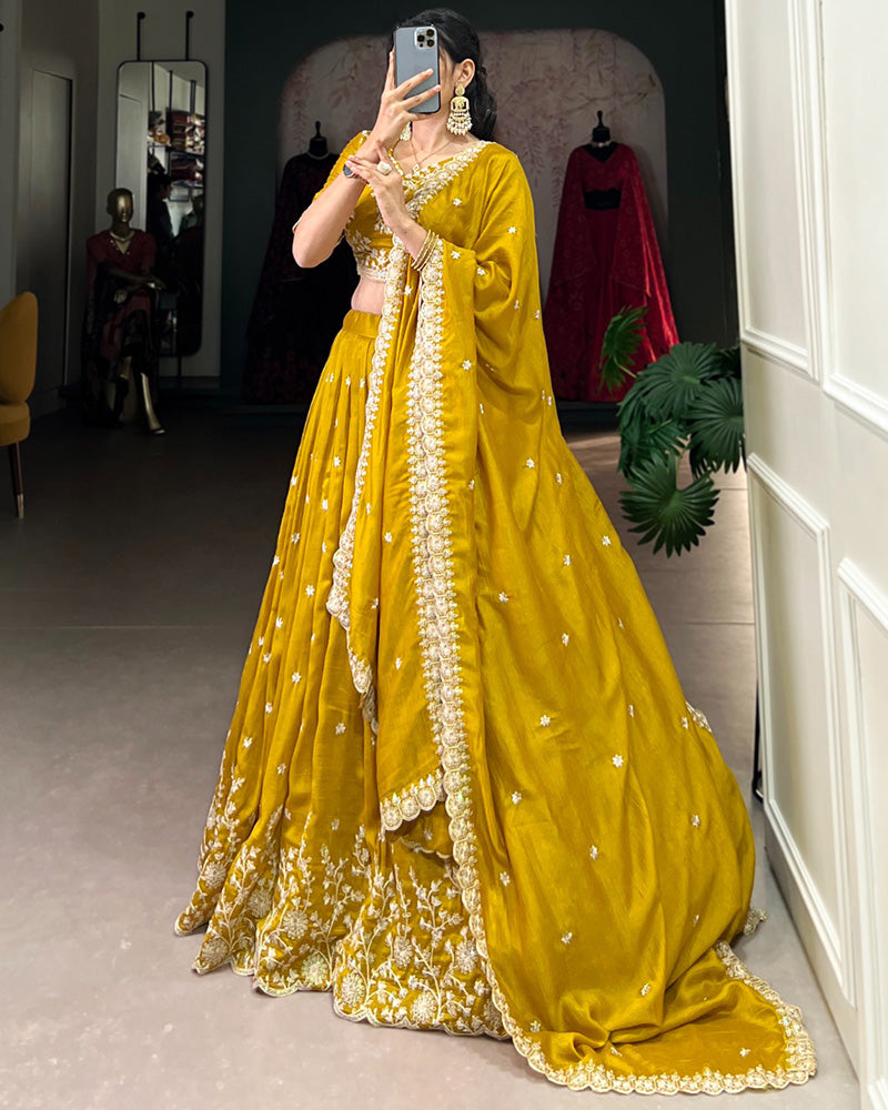 Designer Mustard Color Vichitra Silk Embroidered Lehenga Choli