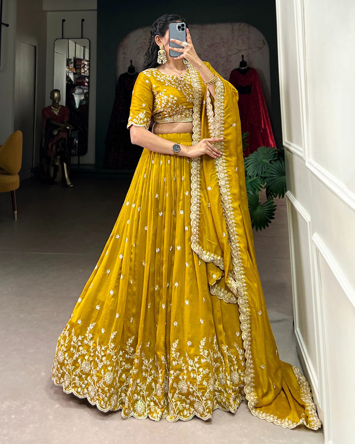 Designer Mustard Color Vichitra Silk Embroidered Lehenga Choli