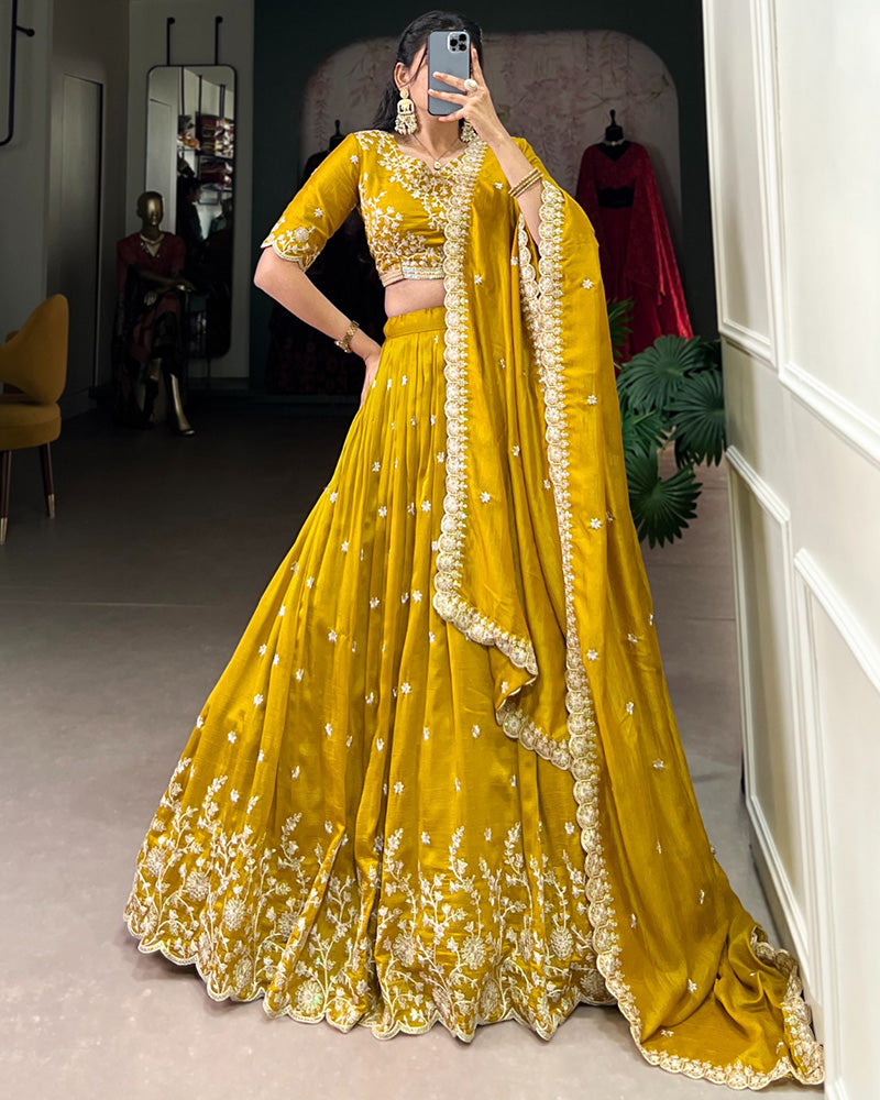 Designer Mustard Color Vichitra Silk Embroidered Lehenga Choli