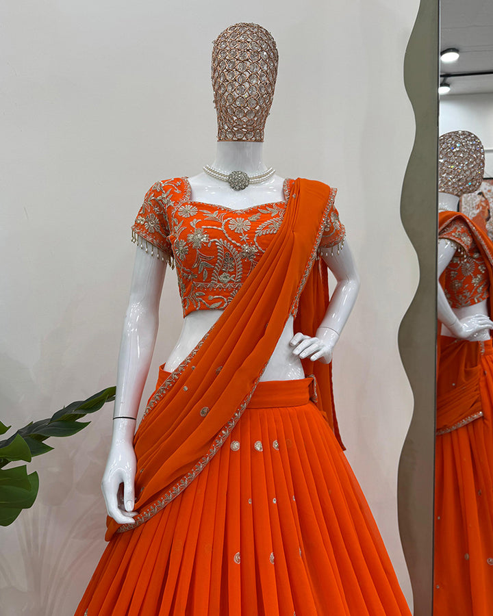 Orange Color Faux Georgette Sequence Work Lehenga Choli