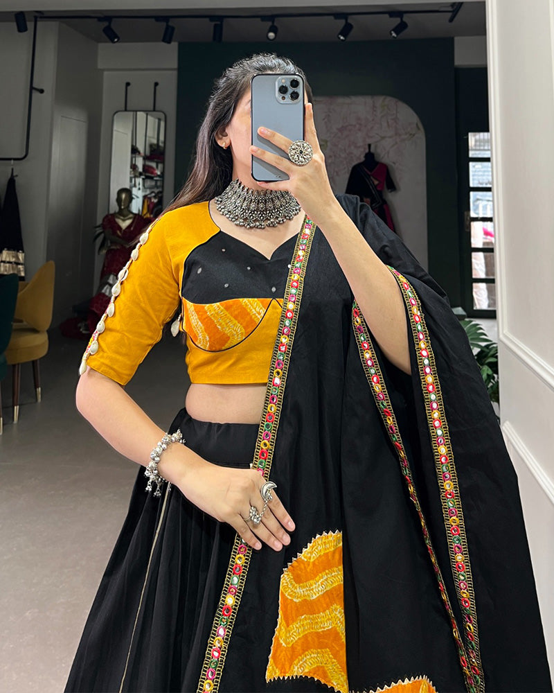 Mustard Black Color Cotton Navratri Lehenga Choli