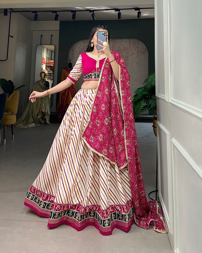 Laheriya And Patola Print Pink Color Cotton Fully Stitched Lehenga Choli