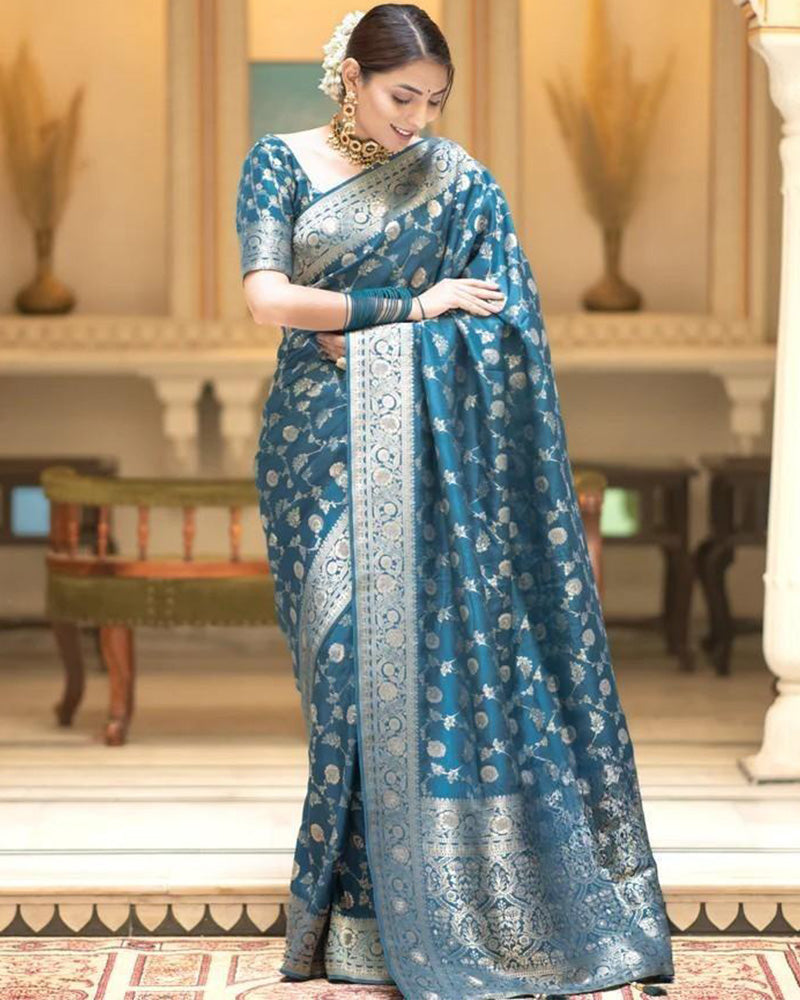 Designer Rama Color Zari Work Banarasi Silk Saree