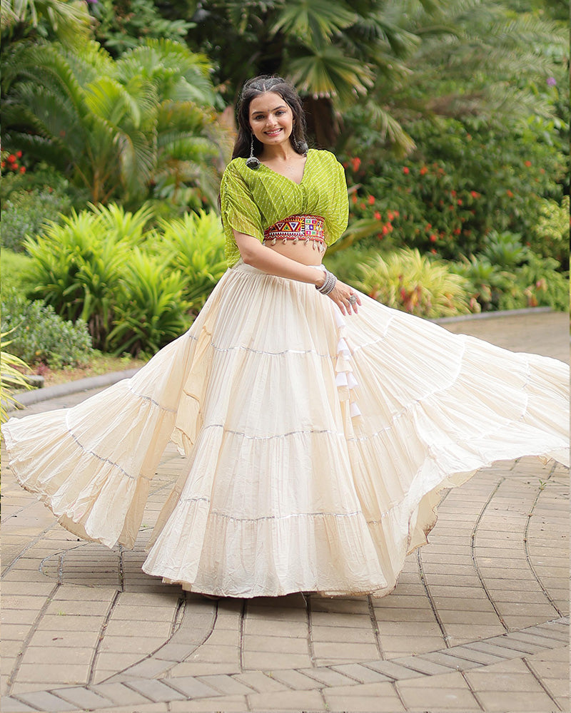 Parrot Green Color Choli With Off-White Kora Cotton Lehenga